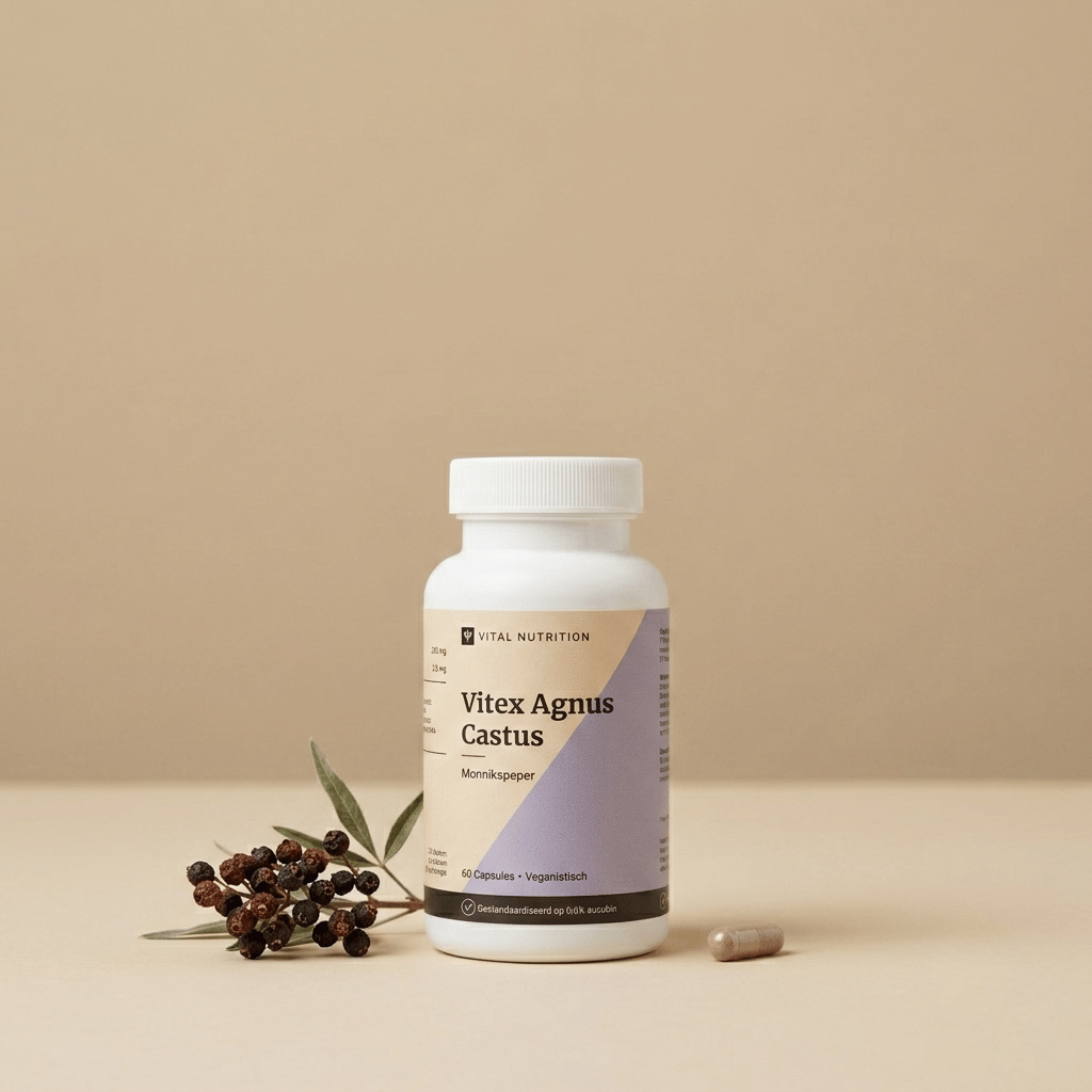 Monnikspeper van Vital Nutrition op een beige minimalistische studio ondergrond met een capsule en monnikspeper bessen