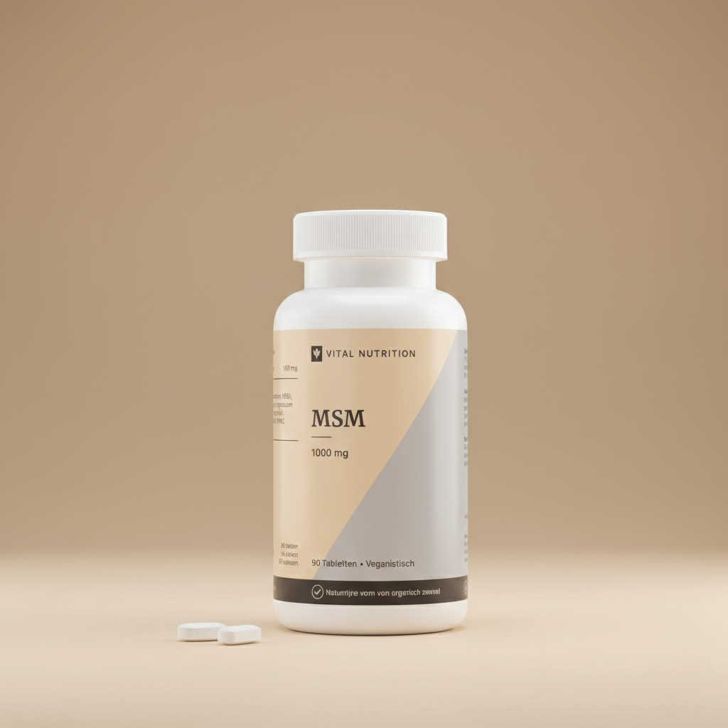 MSM 1000 mg van Vital Nutrition op een beige minimalistische studio ondergrond met 2 tabletten op de voorgrond
