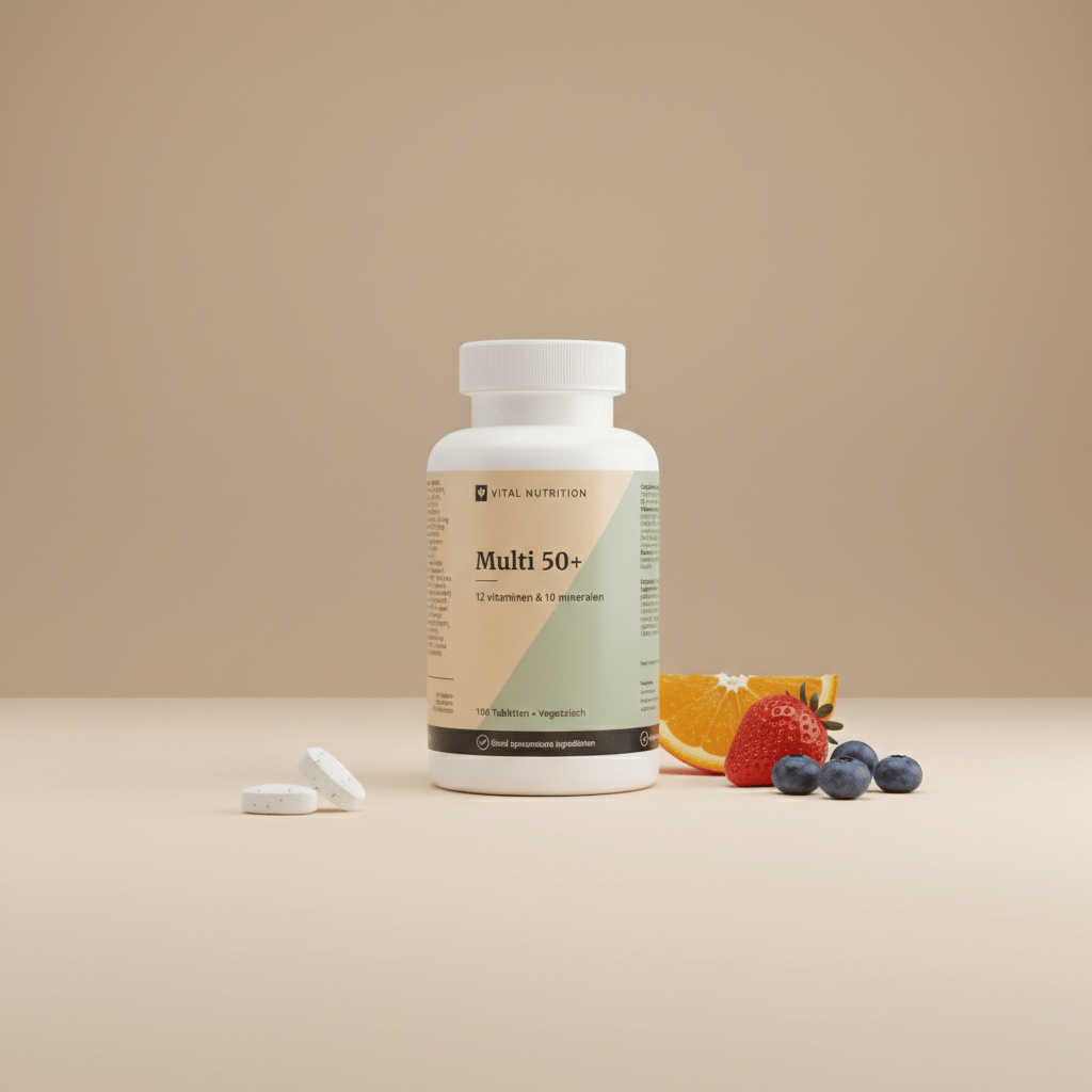 Multi 50+ van Vital Nutrition op een beige minimalistische studio ondergrond met 2 tabletten en fruit op de voorgrond