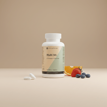 Multi 50+ van Vital Nutrition op een beige minimalistische studio ondergrond met 2 tabletten en fruit op de voorgrond