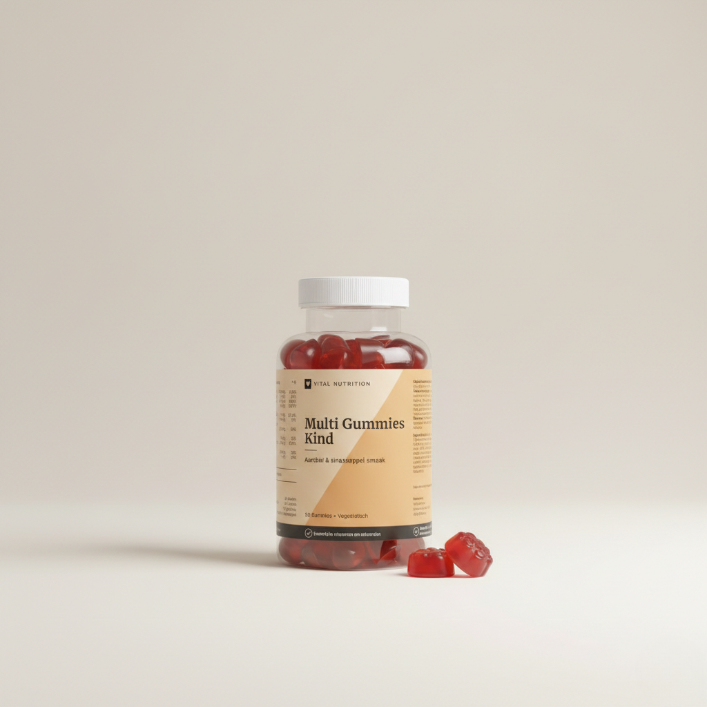 Multi Gummies Kind van Vital Nutrition op een beige minimalistische studio ondergrond met 2 gummies op de voorgrond