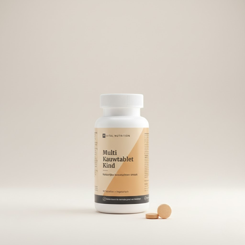 Multi Kauwtablet Kind van Vital Nutrition op een beige minimalistische studio ondergrond met 2 kauwtabletten op de voorgrond