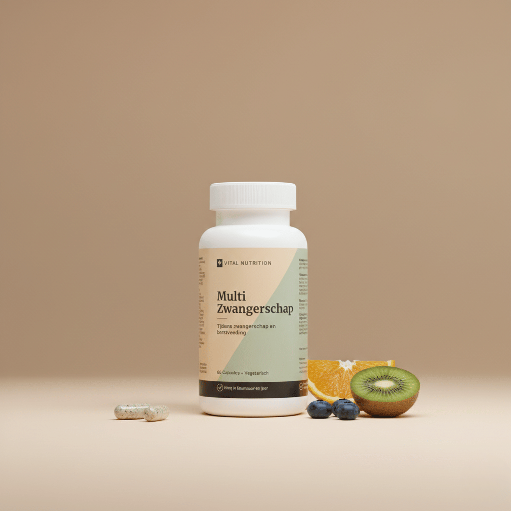 Multi Zwangerschap van Vital Nutrition op een beige minimalistische studio ondergrond met 2 capsules en fruit op de voorgrond