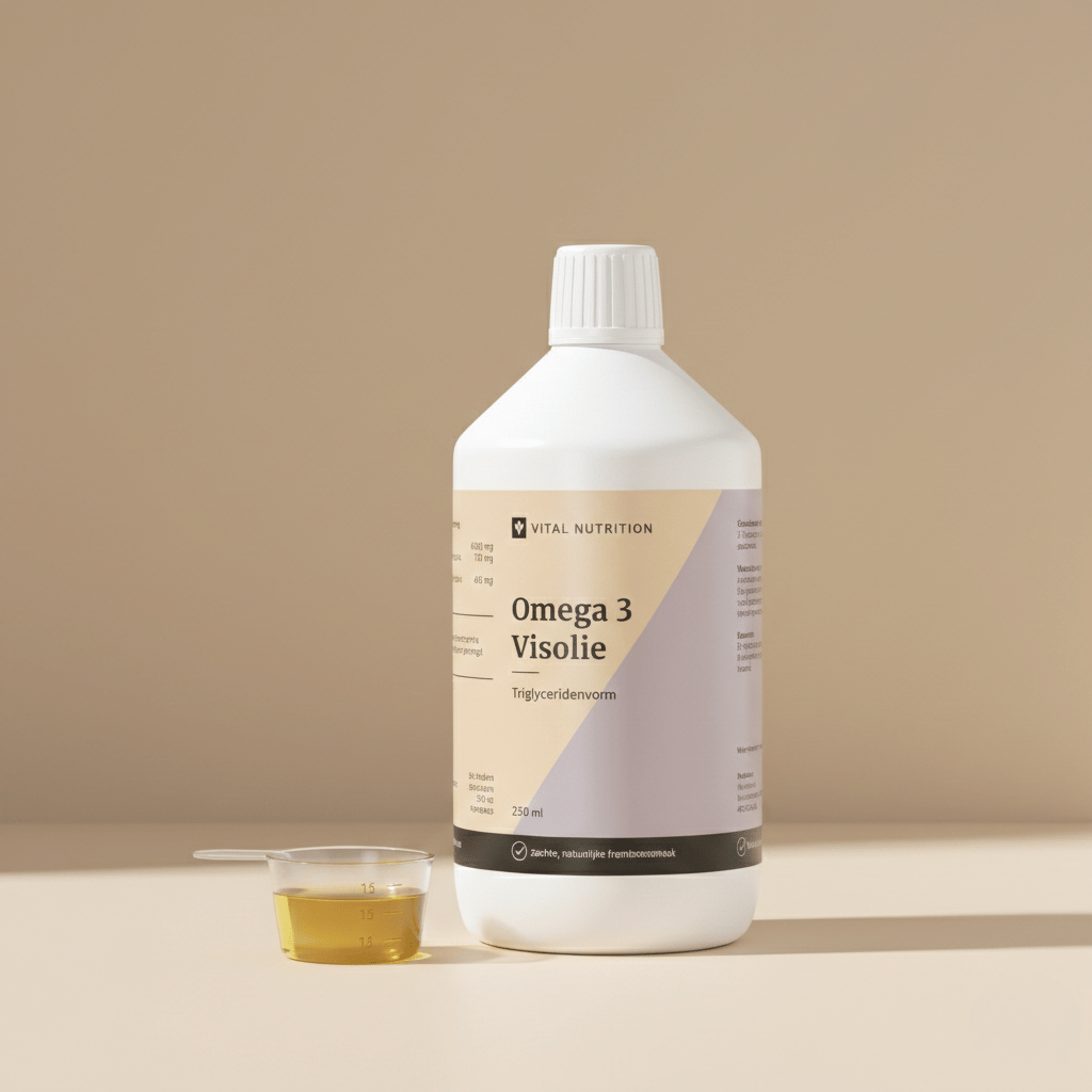 Omega 3 Visolie - TG van Vital Nutrition op een beige minimalistische studio ondergrond met maatbeker visolie op de voorgrond