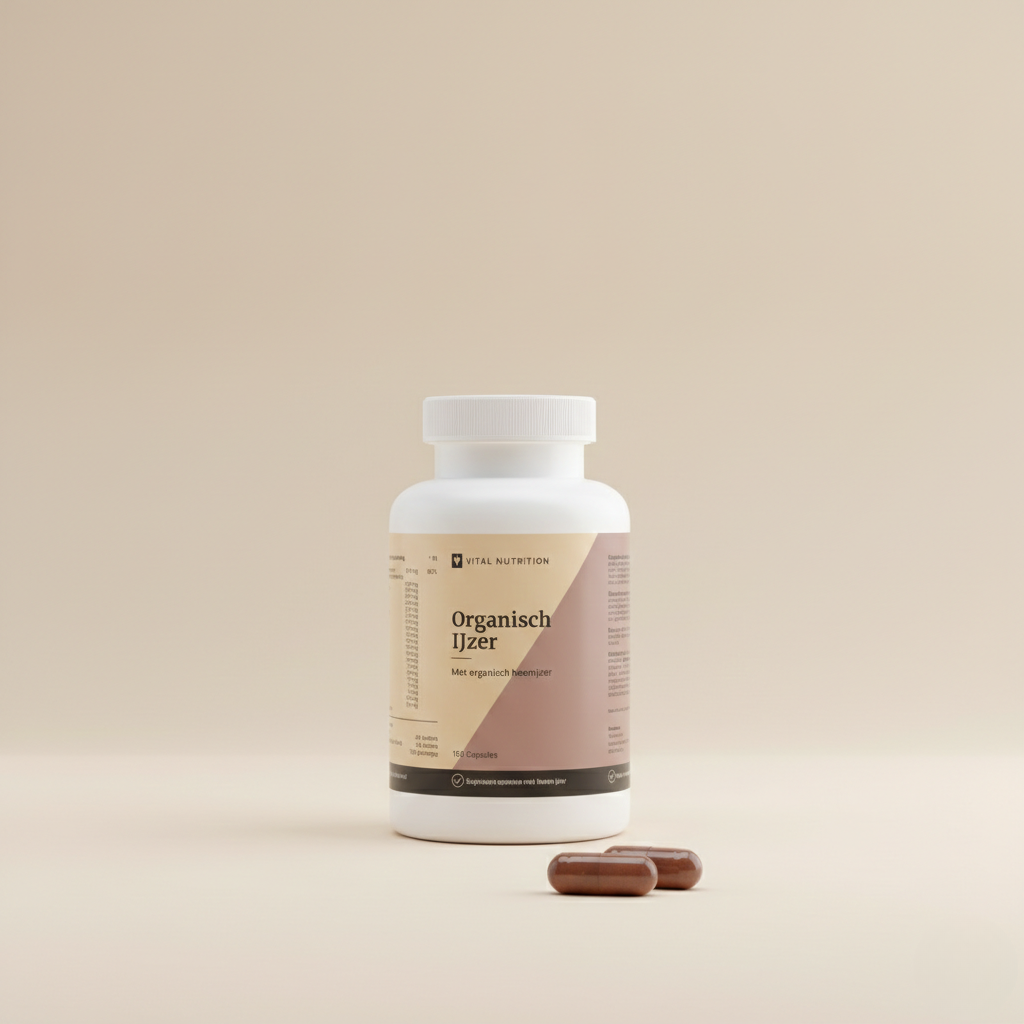 Organisch IJzer van Vital Nutrition op een beige minimalistische studio ondergrond met 2 capsules op de voorgrond