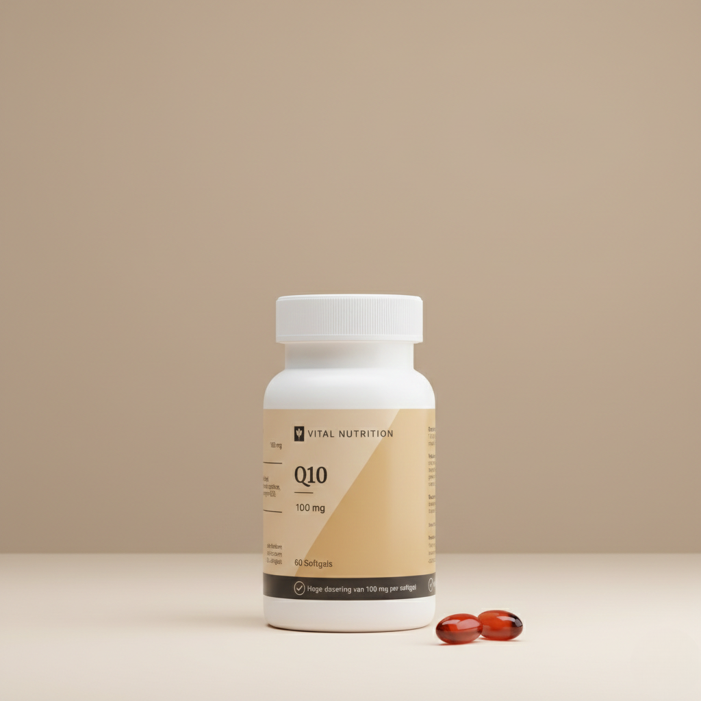 Q10 100 mg van Vital Nutrition op een beige minimalistische studio ondergrond met 2 softgels op de voorgrond