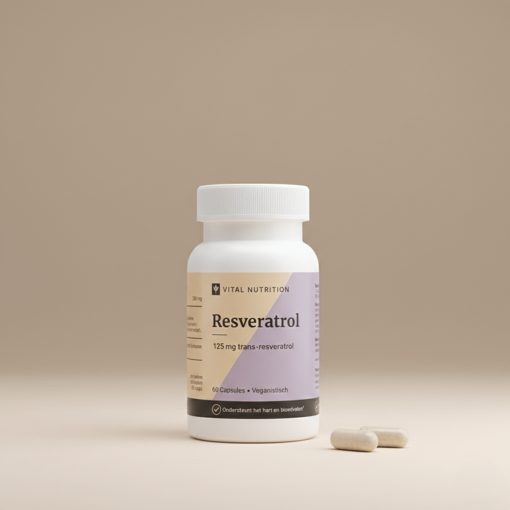 Resveratrol van Vital Nutrition op een beige minimalistische studio ondergrond met 2 capsules op de voorgrond