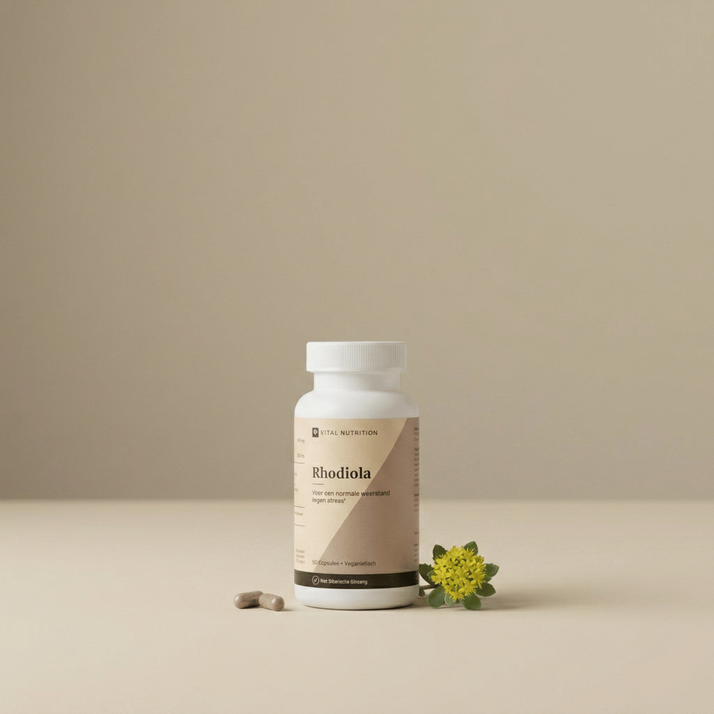 Rhodiola van Vital Nutrition op een beige minimalistische studio ondergrond met capsules en rhodiola bloemen