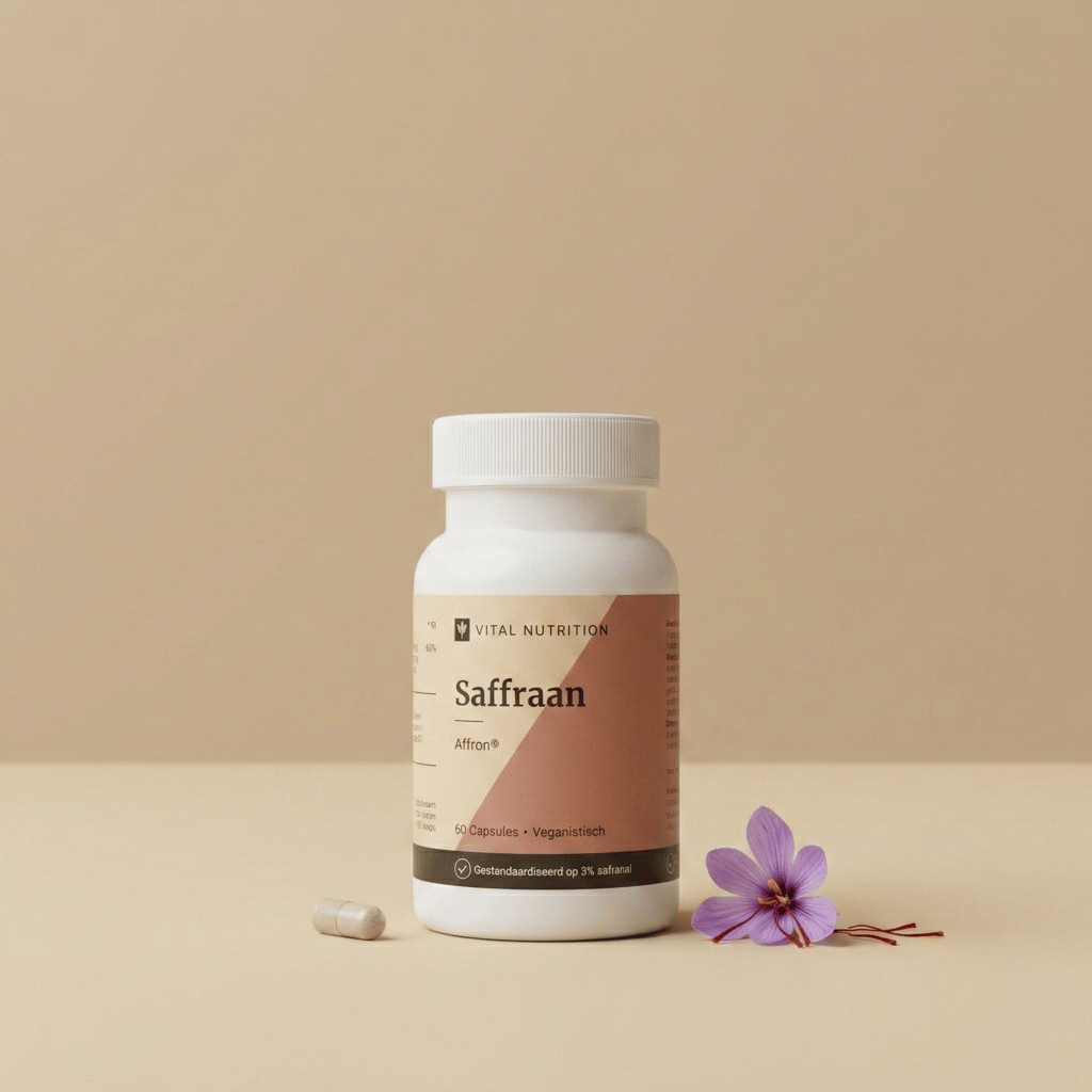 Saffraan van Vital Nutrition op een beige minimalistische studio ondergrond met een capsule en een saffraanbloem