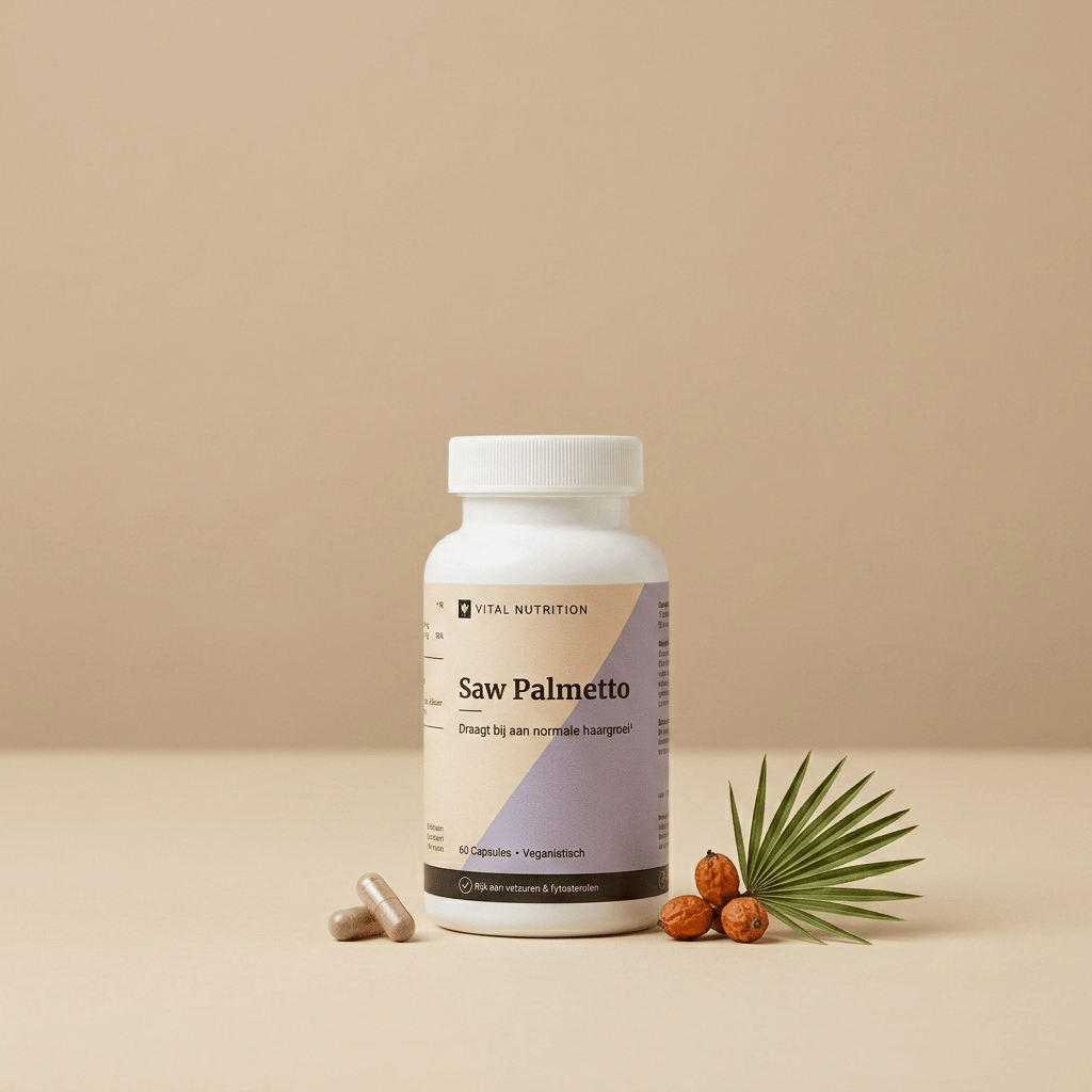 Saw Palmetto van Vital Nutrition op een beige minimalistische studio ondergrond met capsules en saw palmetto bessen en blad