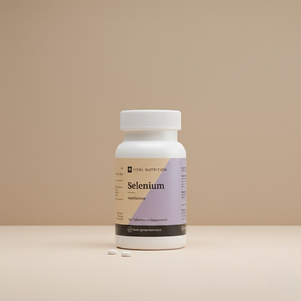 Selenium Methionine van Vital Nutrition op een beige minimalistische studio ondergrond met 2 tabletjes op de voorgrond