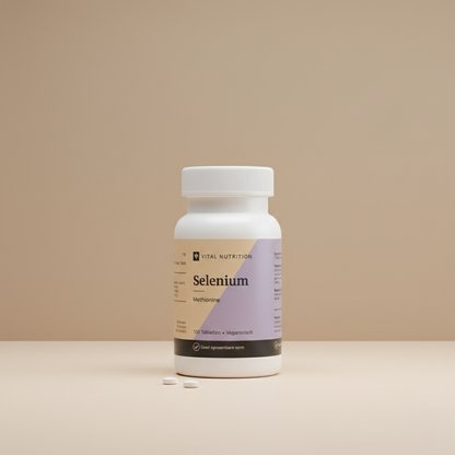 Selenium Methionine van Vital Nutrition op een beige minimalistische studio ondergrond met 2 tabletjes op de voorgrond