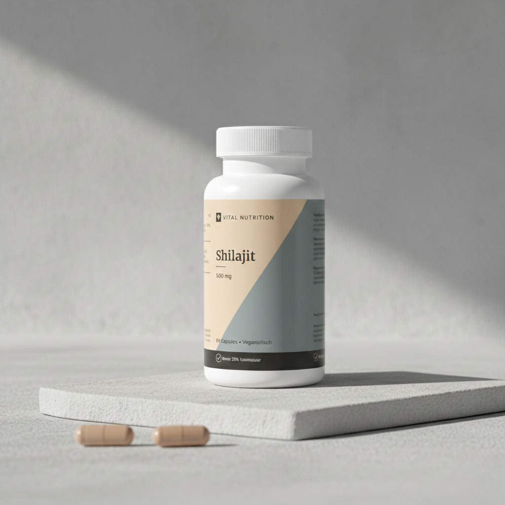 Shilajit van Vital Nutrition in shoot setting met 2 capsules op de voorgrond