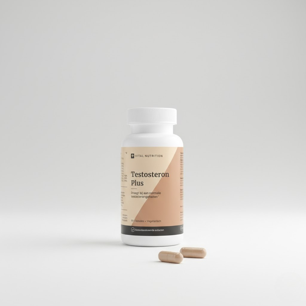 Testosteron Plus van Vital Nutrition op een beige minimalistische studio ondergrond met twee capsules op de voorgrond
