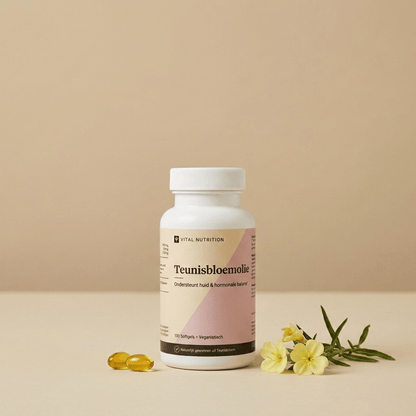 Teunisbloem van Vital Nutrition op een beige minimalistische studio ondergrond met gele softgels en teunisbloemen