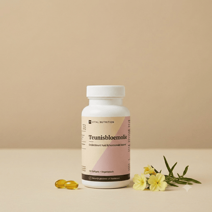 Teunisbloem van Vital Nutrition op een beige minimalistische studio ondergrond met gele softgels en teunisbloemen