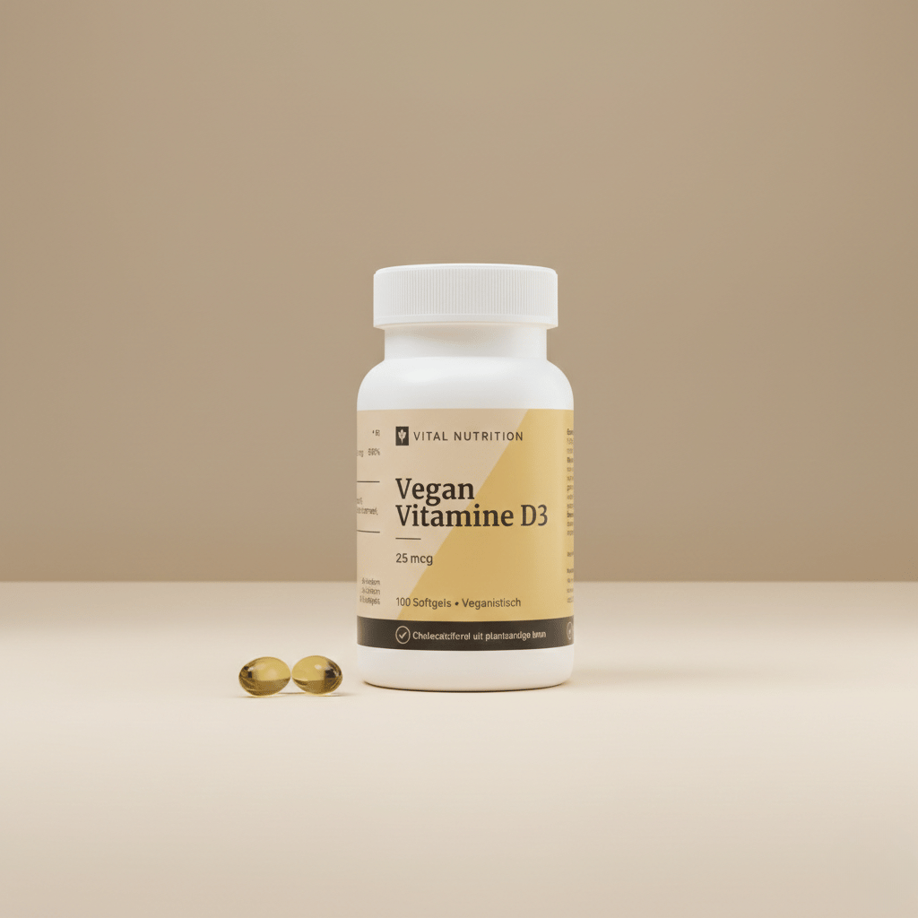 Vegan Vitamine D3 van Vital Nutrition op een beige minimalistische studio ondergrond met 2 softgels op de voorgrond