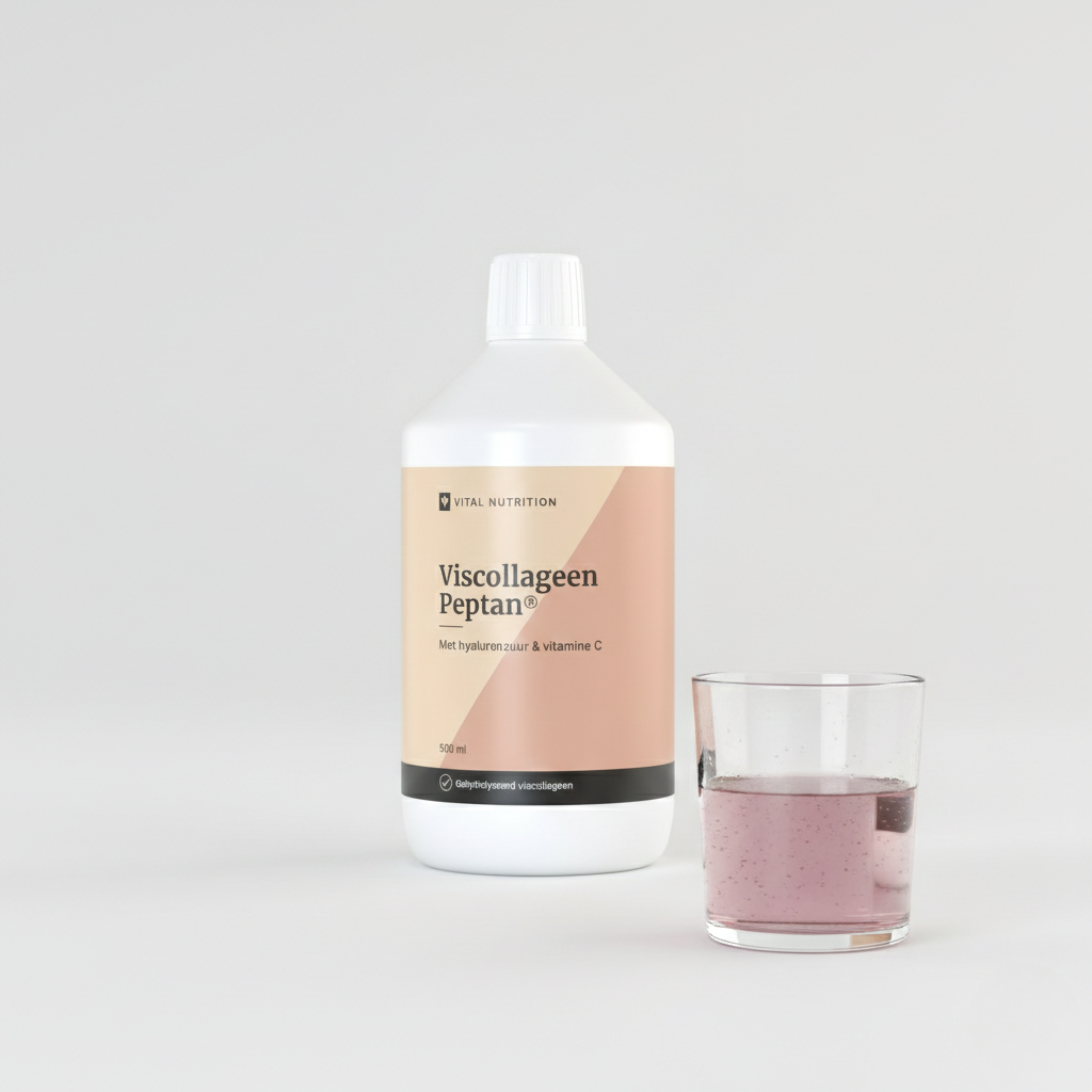 Viscollageen Peptan van Vital Nutrition op een beige minimalistische studio ondergrond met een glas water en vloeibare collageen op de voorgrond