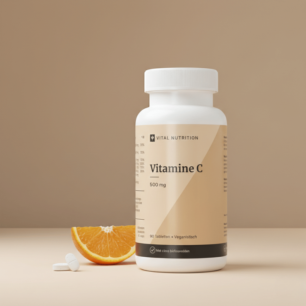 Vitamine C 500 mg van Vital Nutrition op een beige minimalistische studio ondergrond met 2 tabletten en schijfje sinaasappel op de voorgrond