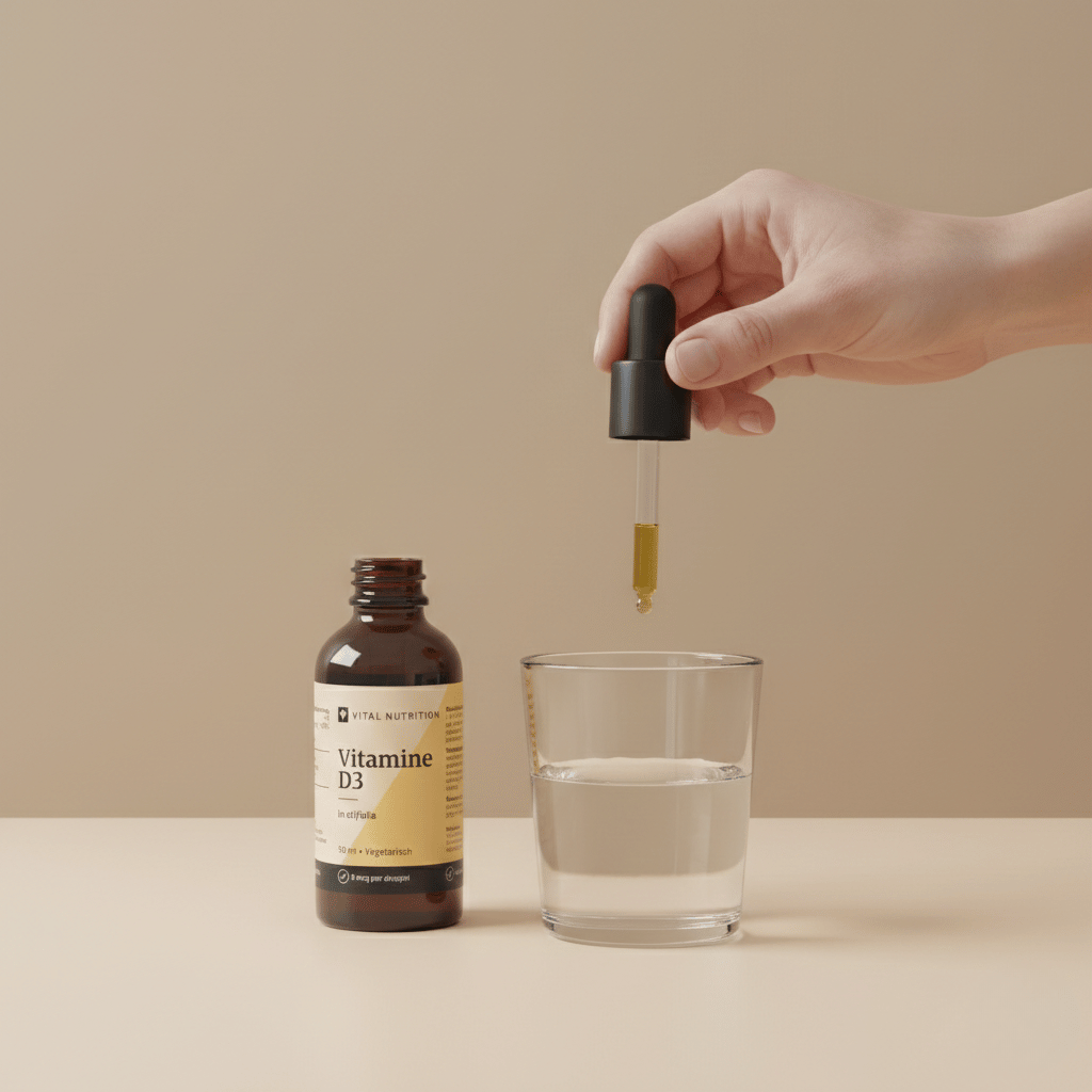 Vitamine D3 in olijfolie van Vital Nutrition op een beige minimalistische studio ondergrond met pipet vastgehouden door hand boven een glas water