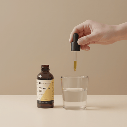 Vitamine D3 in olijfolie van Vital Nutrition op een beige minimalistische studio ondergrond met pipet vastgehouden door hand boven een glas water
