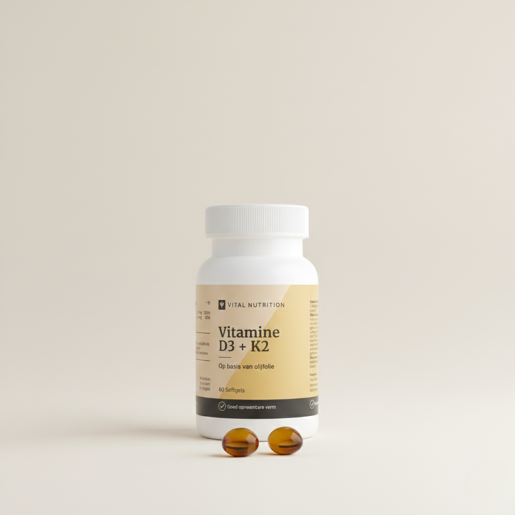 Vitamine D3 + K2 van Vital Nutrition op een beige minimalistische studio ondergrond met 2 softgels op de voorgrond