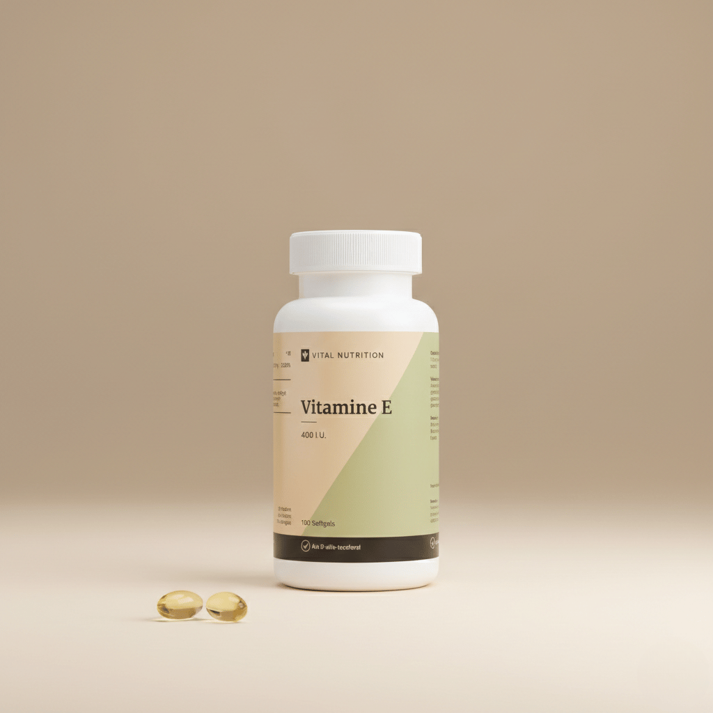 Vitamine E 400 I.U. van Vital Nutrition op een beige minimalistische studio ondergrond met 2 softgels op de voorgrond