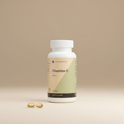 Vitamine E 400 I.U. van Vital Nutrition op een beige minimalistische studio ondergrond met 2 softgels op de voorgrond