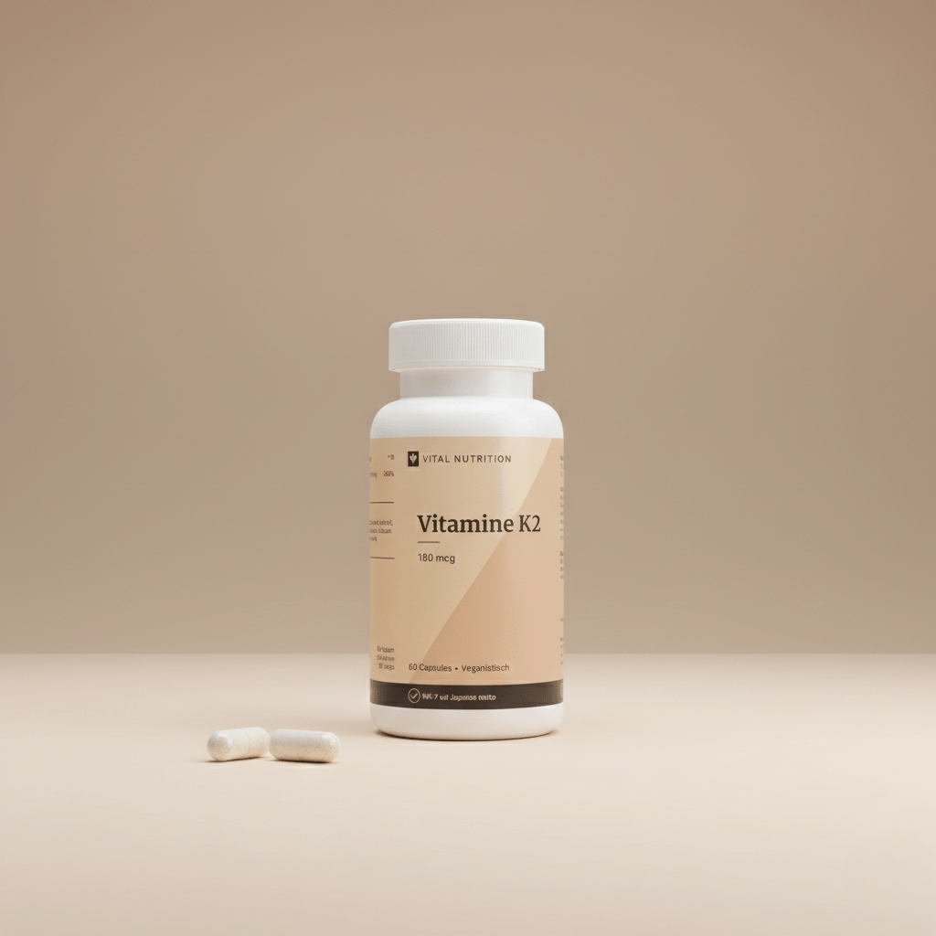 Vitamine K2 - 180 mcg van Vital Nutrition op een beige minimalistische studio ondergrond met 2 capsules op de voorgrond