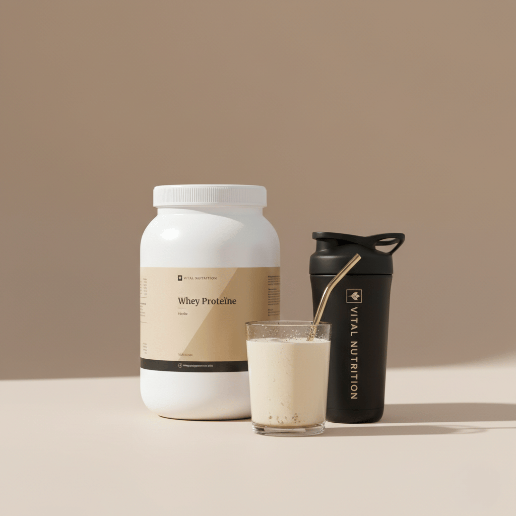 Whey Proteïne van Vital Nutrition op een beige minimalistische studio ondergrond met de Vital Shaker en een gevuld glas met een shake erin op de voorgrond