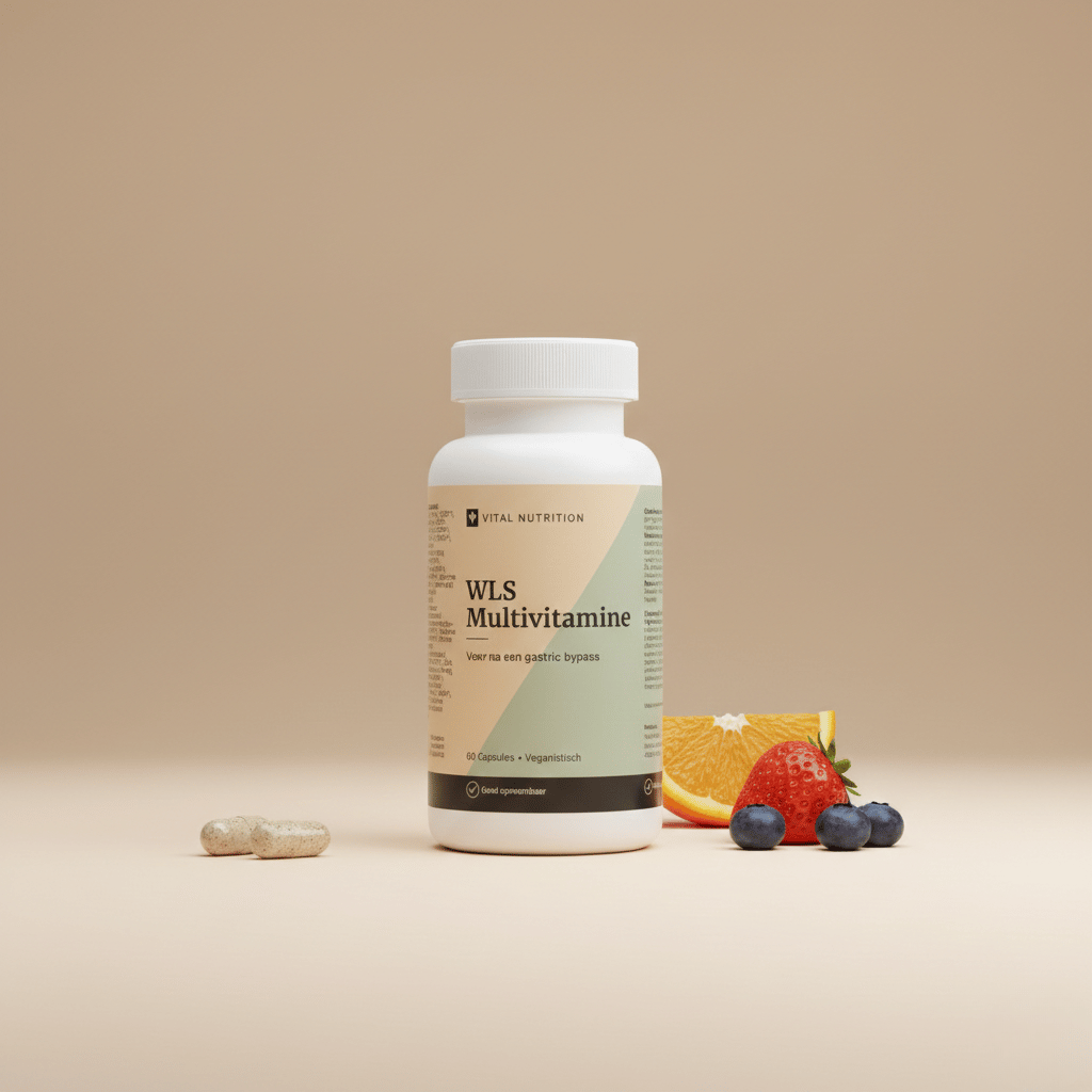 WLS Multivitmaine van Vital Nutrition op een beige minimalistische studio ondergrond met 2 capsules en fruit op de voorgrond