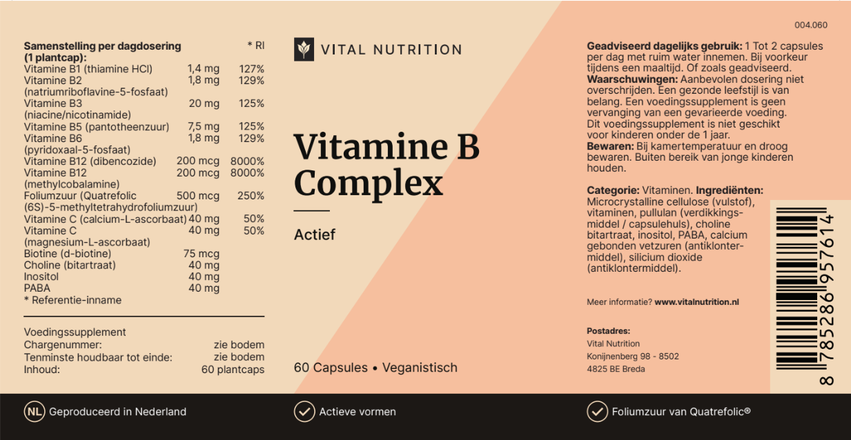 Vitamine B Complex van Vital Nutrition voedingswaardelabel