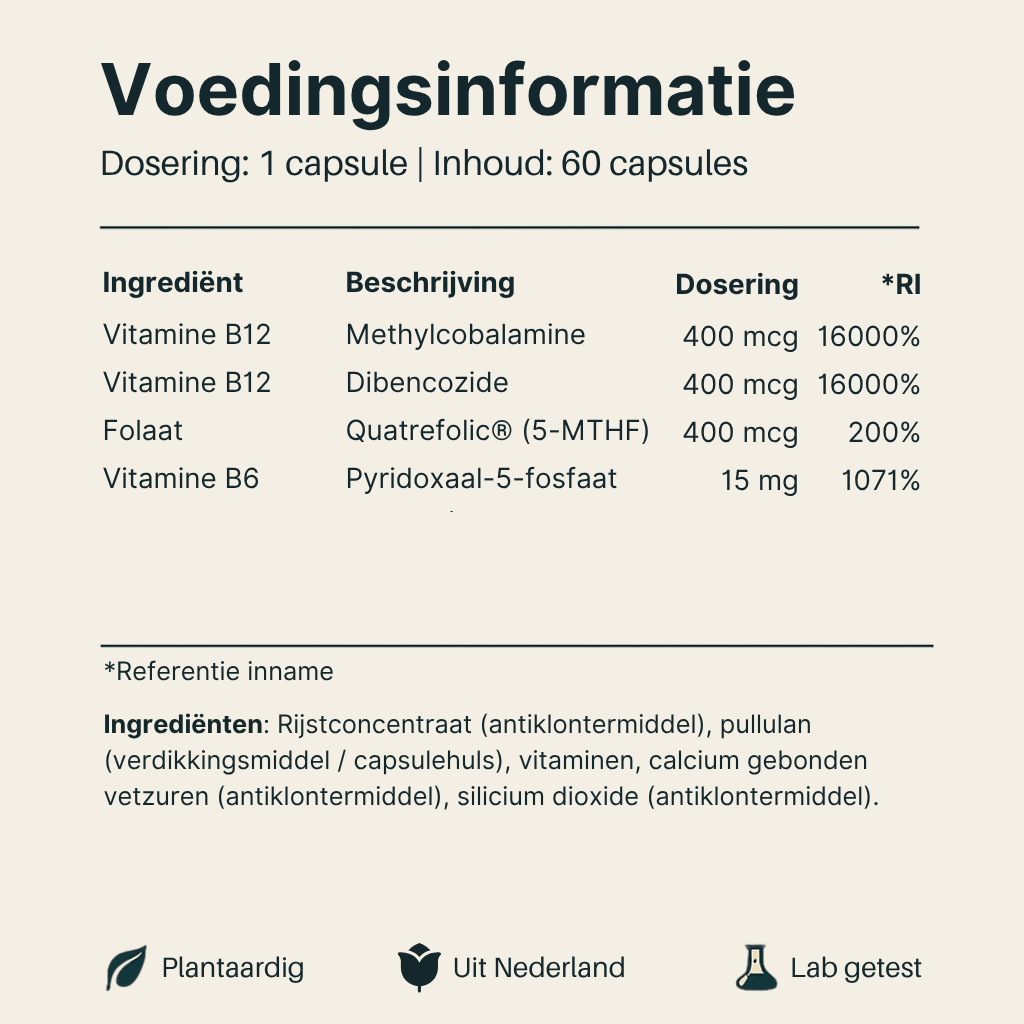 Voedingsinformatie van Vital Nutrition Vitamine B6 B12 Folaat