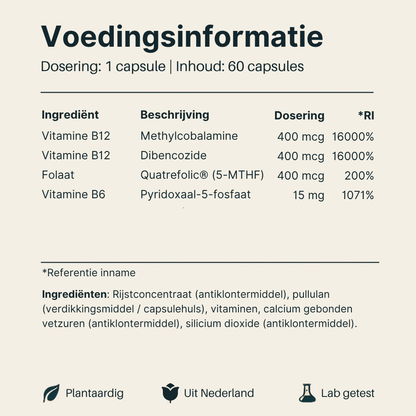 Voedingsinformatie van Vital Nutrition Vitamine B6 B12 Folaat