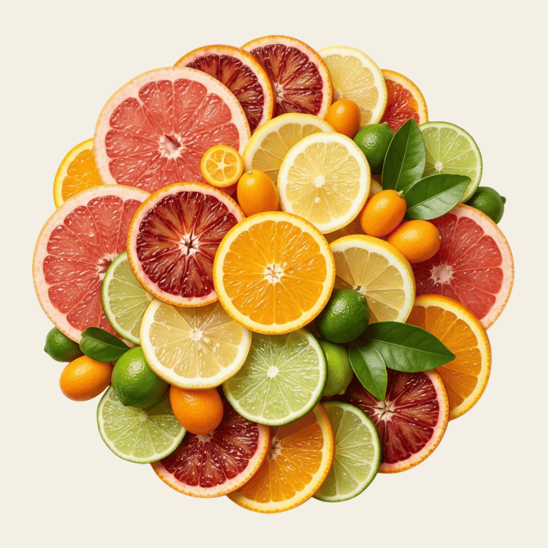 Diverse citrusvruchten waaronder sinaasappel, grapefruit, citroen en limoen als bronnen van vitamine C