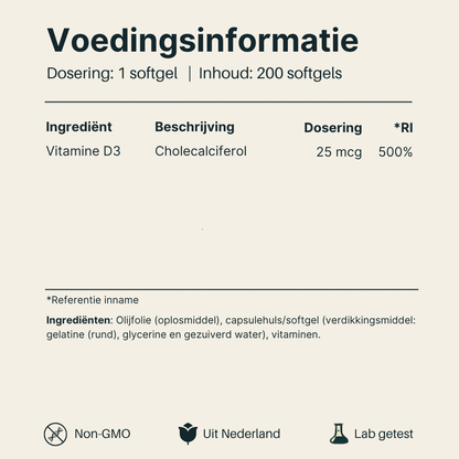 Voedingsinformatie Vitamine D3 25 mcg Vital Nutrition