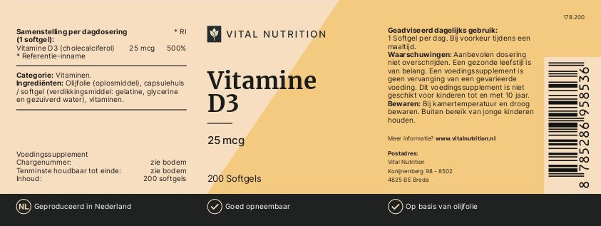 Voedingswaardelabel van Vital Nutrition Vitamine D3 - 25 mcg