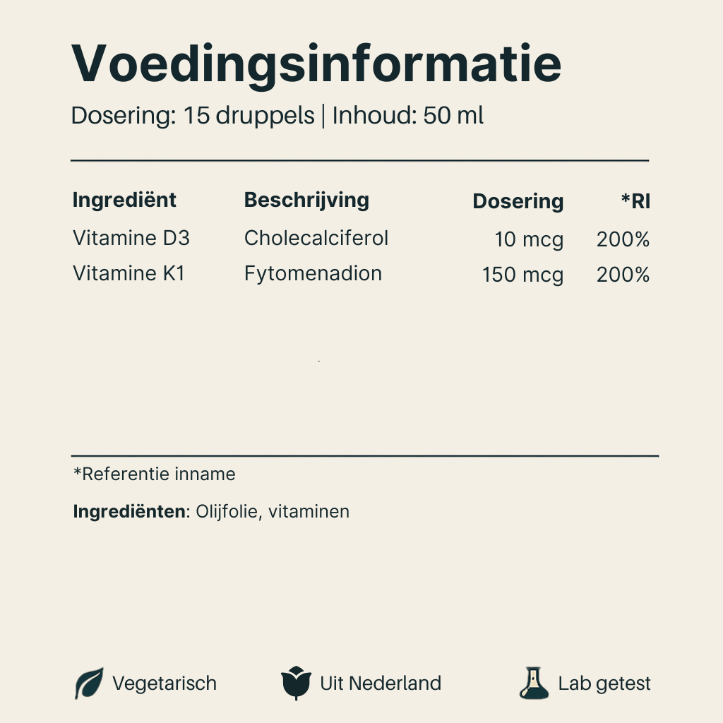 Voedingsinformatie van Vital Nutrition Vitamine D3 K1 druppels