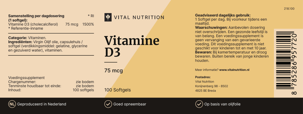 Vitamine D3 van Vital Nutrition voedingswaardelabel