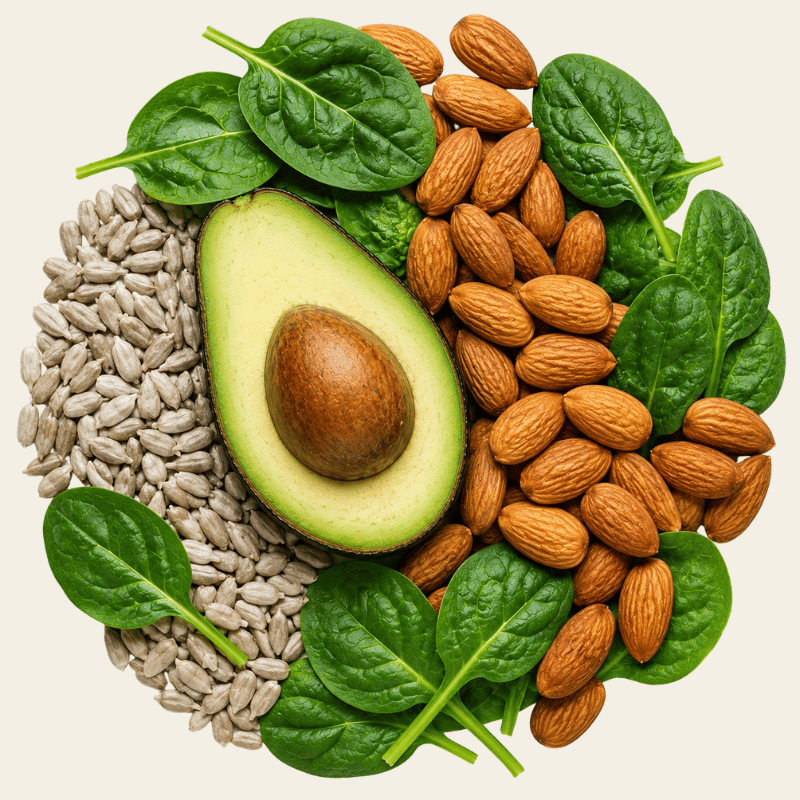 Amandelen, hazelnoten, zonnebloempitten en avocado als natuurlijke bronnen van vitamine E