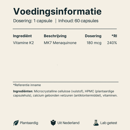 Voedingsinformatie Vitamine K2 180 mcg Vital Nutrition
