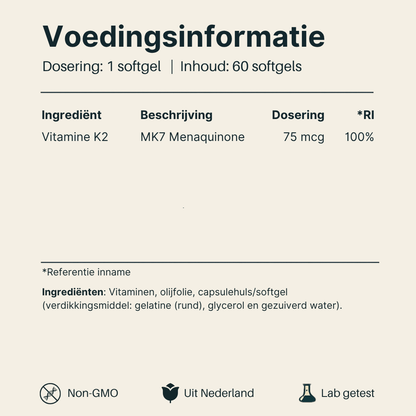 Voedingsinformatie Vitamine K2 75 mcg Vital Nutrition