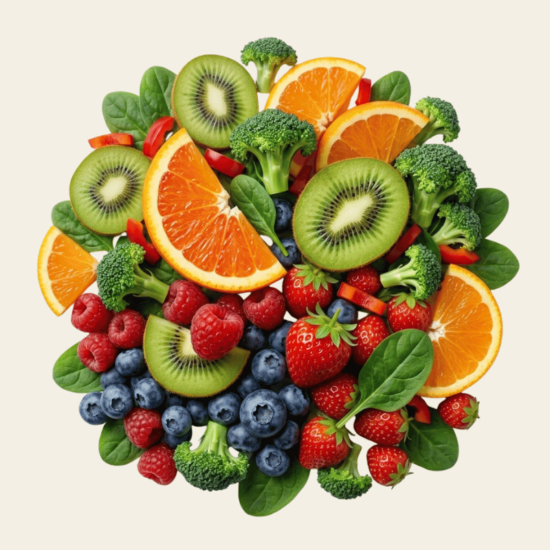 Diverse kleurrijke vitaminebronnen waaronder kiwi, blauwe bes, aardbei, citrus en broccoli