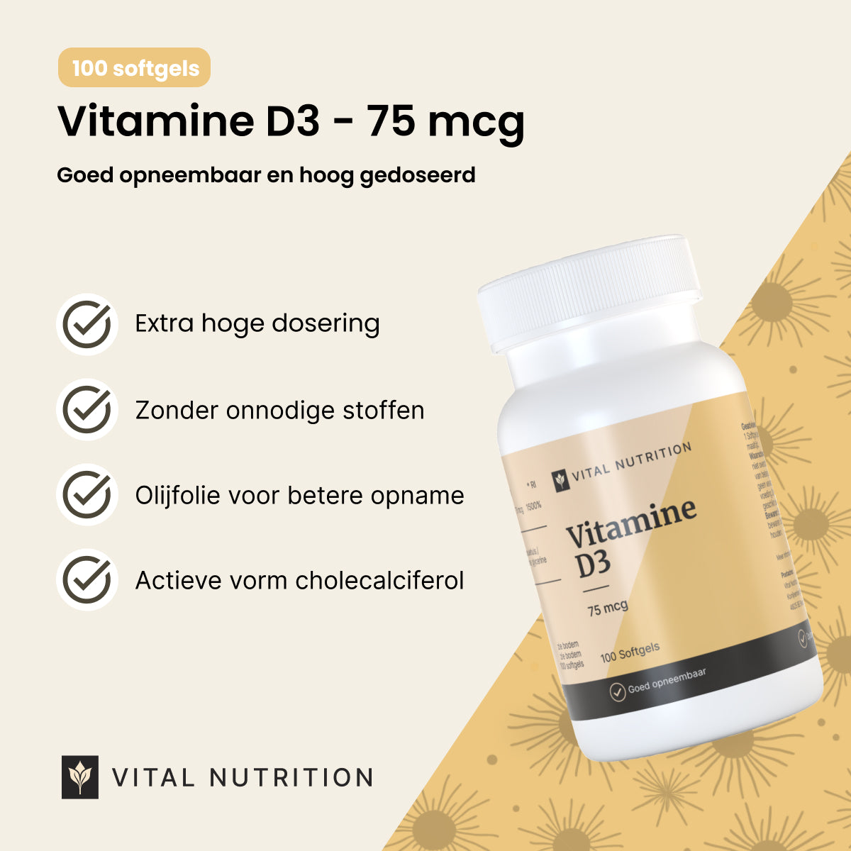 Productvoordelen van Vital Nutrition Vitamine D3 - 75 mcg