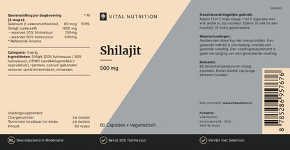 Voedingswaardelabel van Shilajit Vital Nutrition