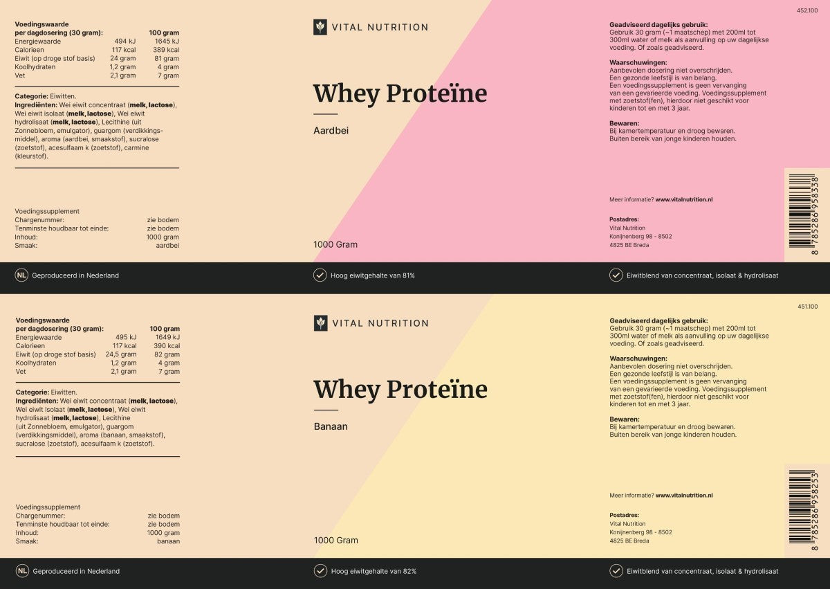 Voedingswaardelabels van Vital Nutrition Whey Proteïne aardbei en banaan