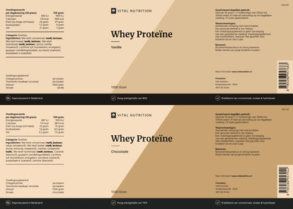 Voedingswaardelabels van Vital Nutrition Whey Proteïne vanille en chocolade