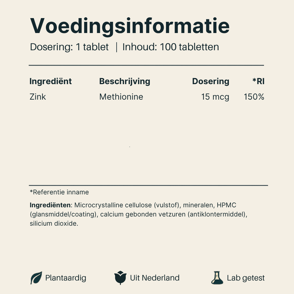 Voedingsinformatie Zink Methionine Vital Nutrition