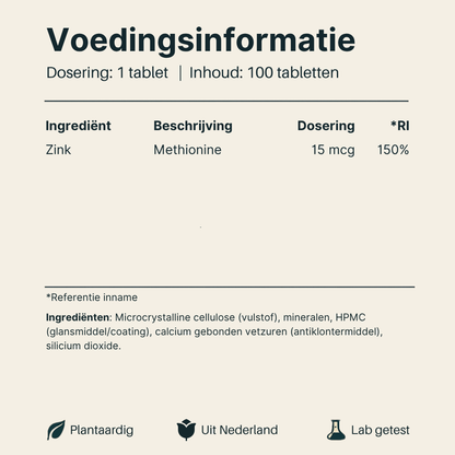 Voedingsinformatie Zink Methionine Vital Nutrition
